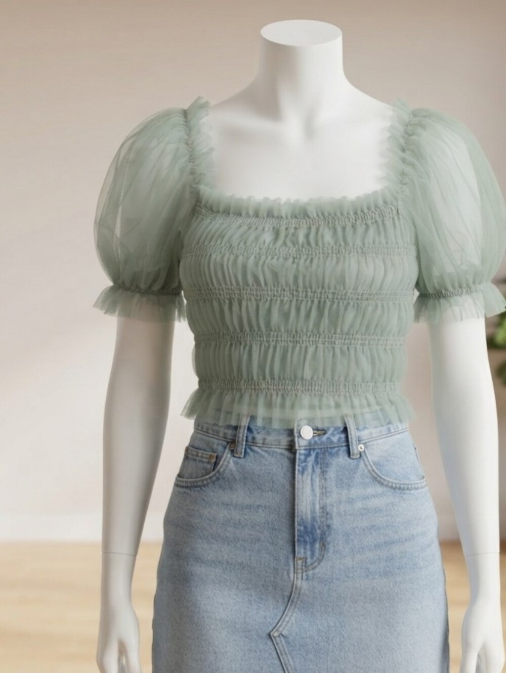 Blāshe Sage Green Smocked Tulle Puff Sleeve Crop Top